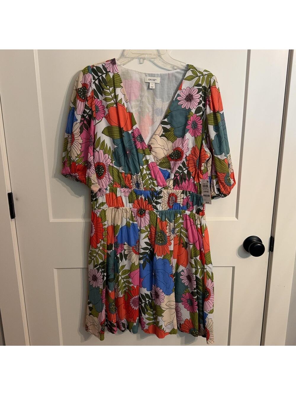 On 34th Floral Dress Sz L Multicolor Puff Sleeve Fit & Flare Lined Sundress Boho